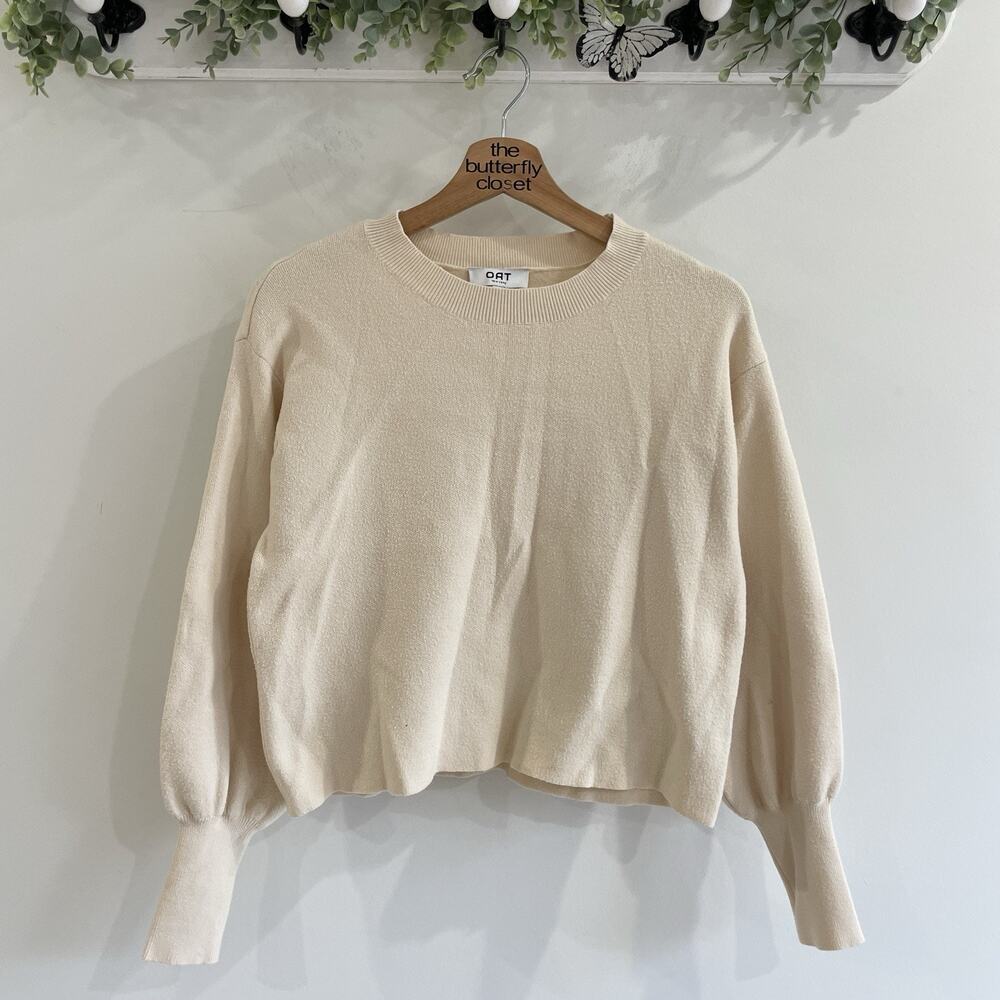 OAT New York natural cream Cropped crewneck sweater baloon sleeve XS minimalist